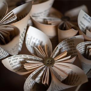 Flowers made of recycled book pages