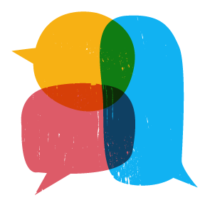 Red, yellow, and blue overlapping speech bubbles