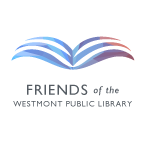 A open book graphic made of blue lines with Friends of the Westmont Public Library underneath