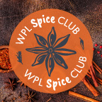 A brown circle with a flower made of spice pods in the middle. The words WPL Spice Club are in white above and below the flower image. 