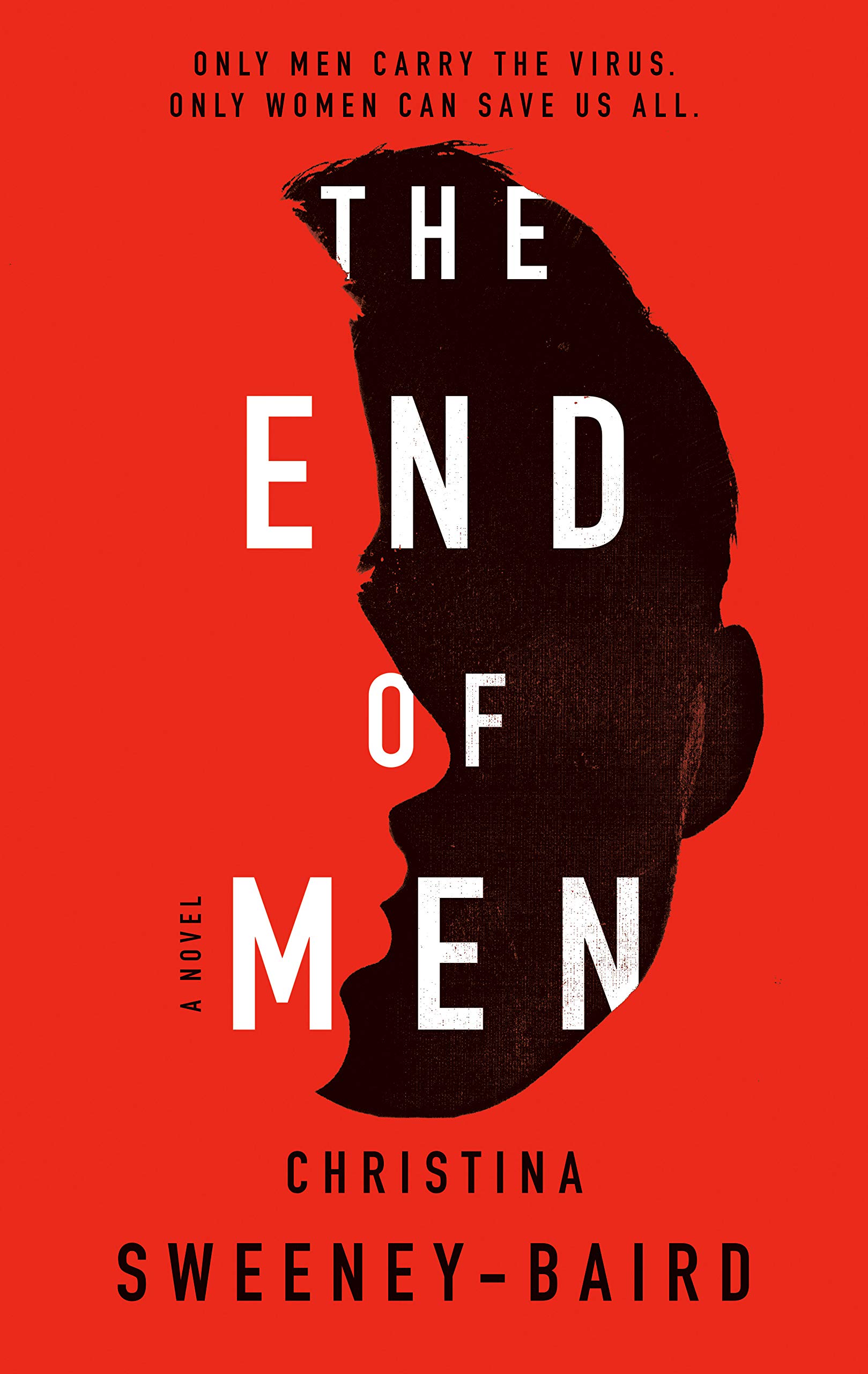 A red book cover with a dark half silhouette of a face and the words "The End of Men" in white. 