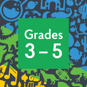 A green square containing the words "Grades 3-5" on top of a patterned blue, green, and yellow background