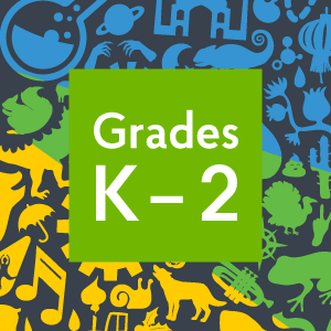 A green square containing the words "Grades K-2" on top of a patterned blue, green, and yellow background