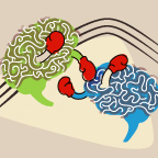 A green and blue brain with red boxing gloves on having a fight.