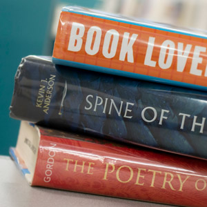 Stack of 3 books, cropped to focus on spines