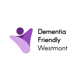 Logo for Dementia Friendly Westmont, a purple, abstract icon of a person with their arms out