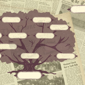 Family tree layered over newspapers