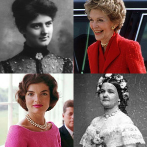 Collage of first ladies Frances Cleveland, Nancy Reagan, Jacqueline Kennedy, and Mary Lincoln
