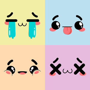 Four cute, expressive cartoon faces on colorful backgrounds
