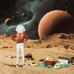Collage of a person having a picnic in space