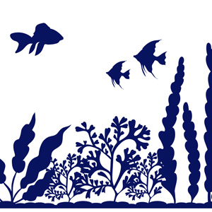 Silhouettes of fish, coral, and seaweed