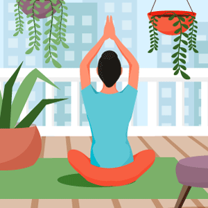 Person in a yoga pose on a balcony surrounded by plants