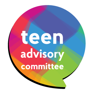 Teen advisory committee logo: white text over a rainbow speech bubble