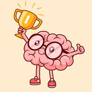 Proud cartoon brain holding up trophy