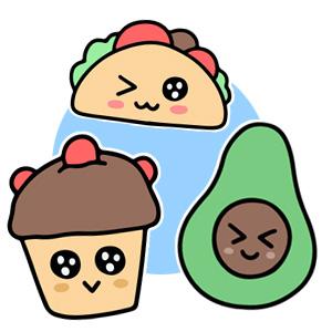 Cute drawings of an avocado, muffin, and taco