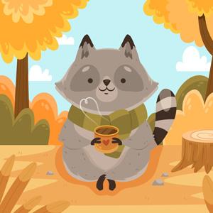 Drawing of a cute raccoon sitting in the autumn forest with a mug of cocoa