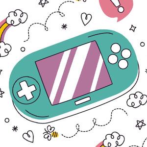 Retro cartoon drawing of a handheld video game device