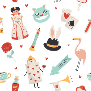 Alice in Wonderland characters and motifs like the Cheshire cat, card soldiers, and teacups