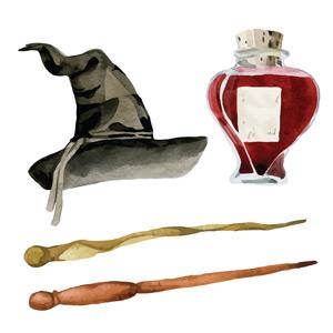 Watercolor drawing of wizard hat, potion, and magic wands